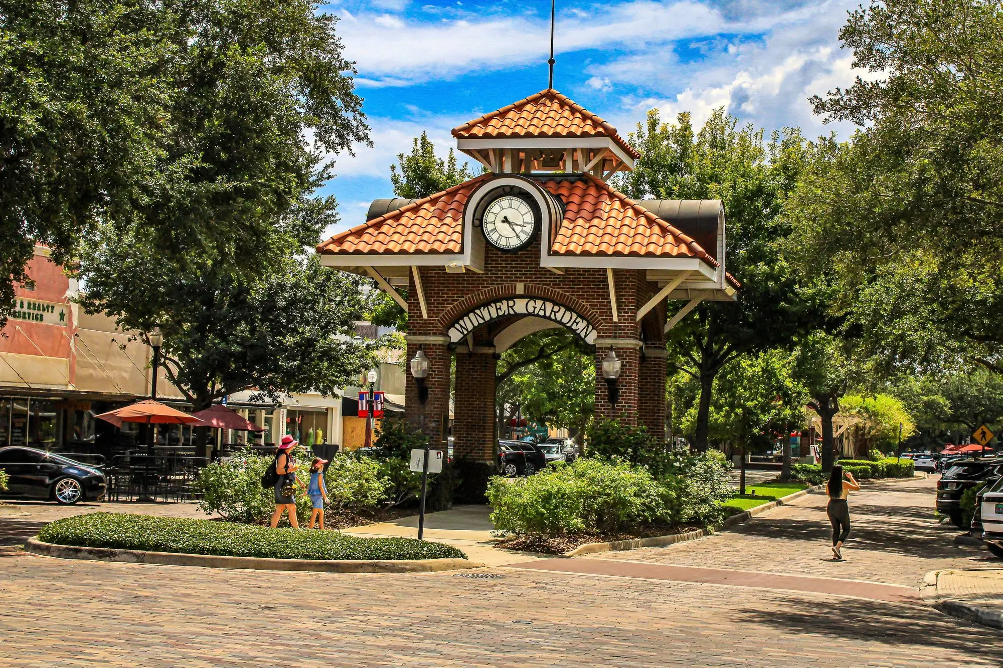 Clock tower pavilion and brick plaza on Plant Street in downtown Winter Garden