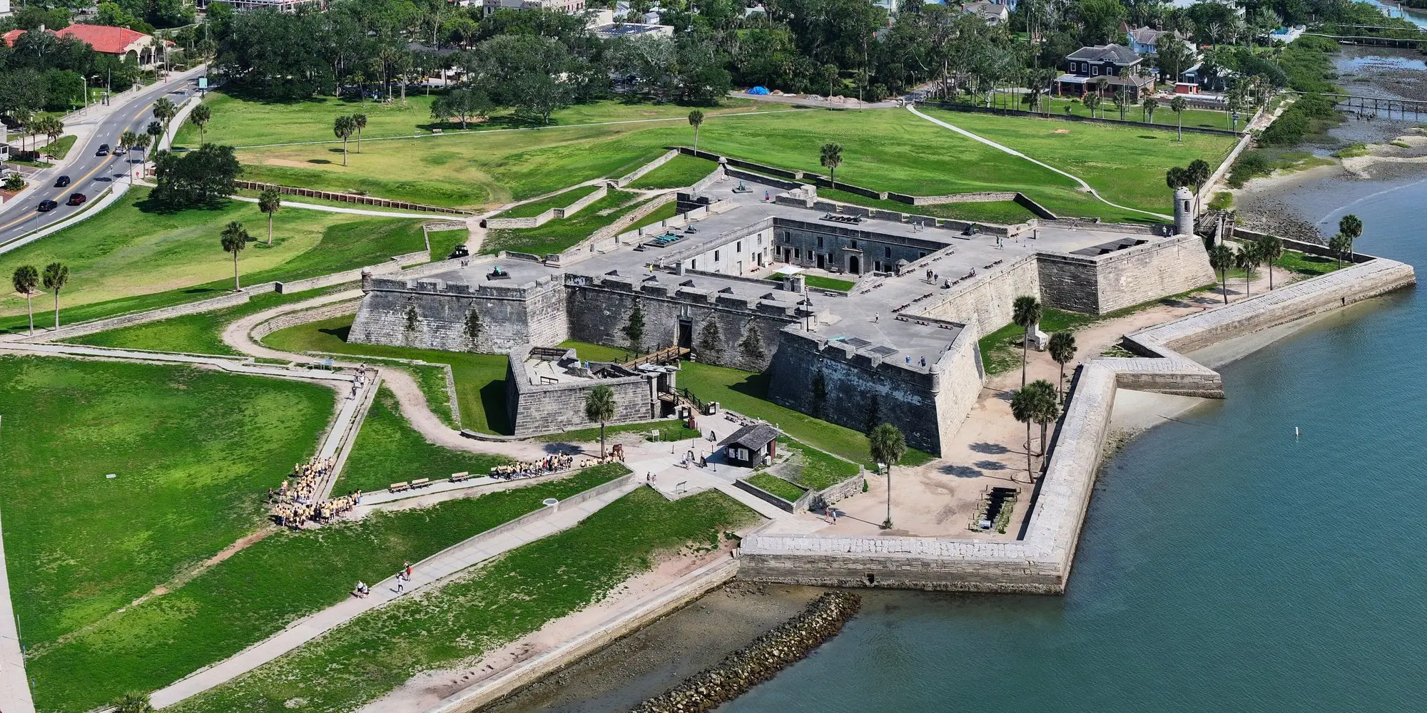 Aerial view of the star-shaped Castillo de San Marcos on the Matanzas River bayfront in St. Augustine